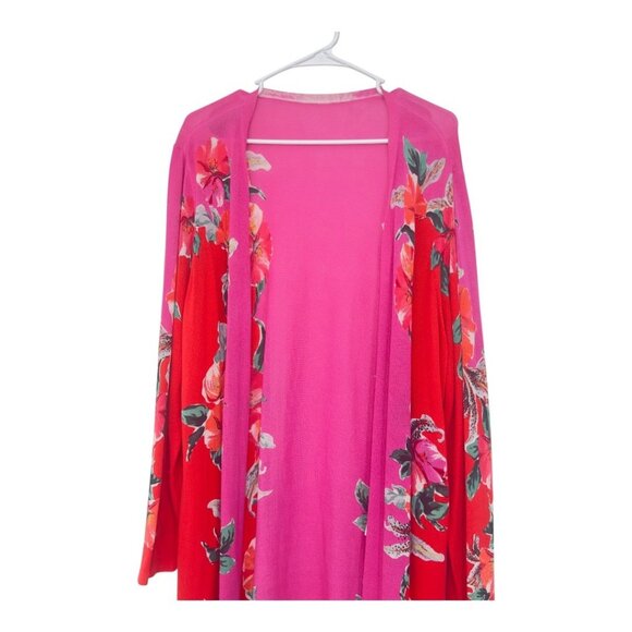 CHICOS Womens 2 Red & Pink Floral Long Sleeve Open Cardigan Kimono Long Duster - Picture 12 of 14